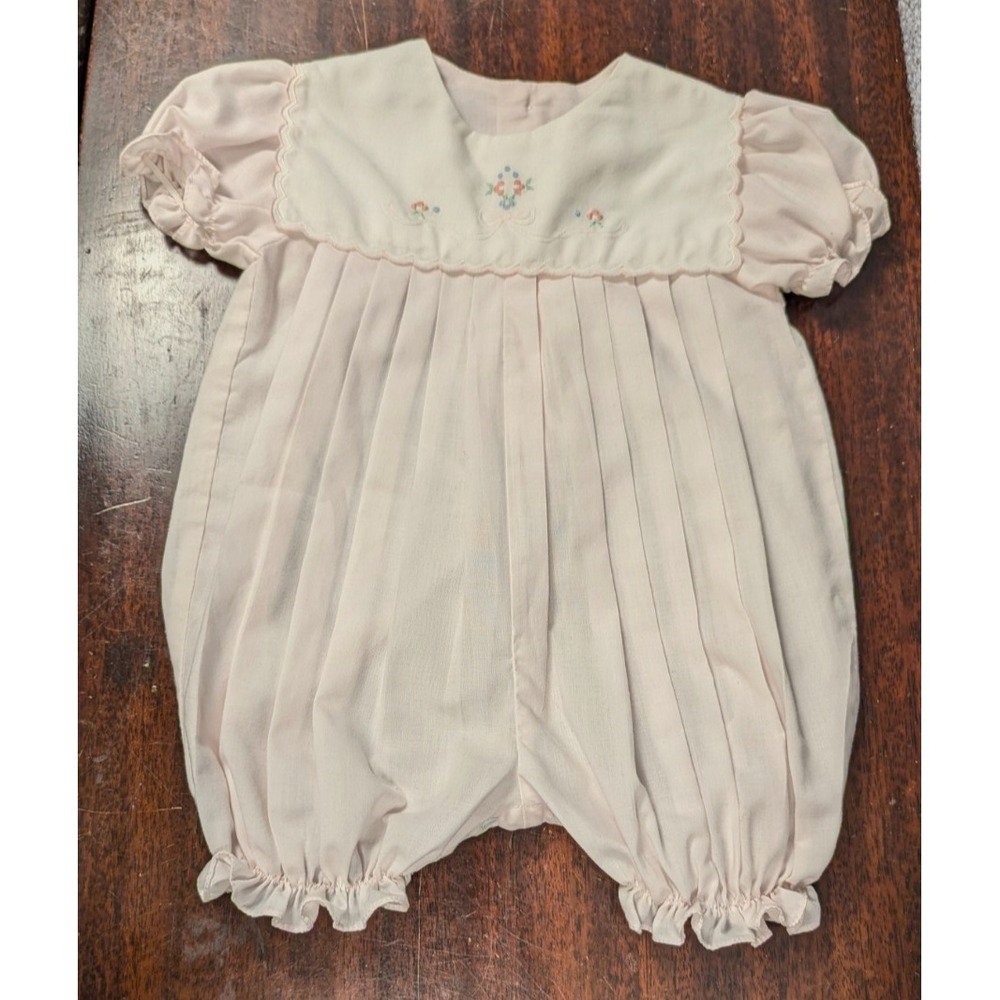 Vintage Jelly n' Jam Baby Girls Pink Heirloom Embroidered Pleated‎ Romper 3-6M